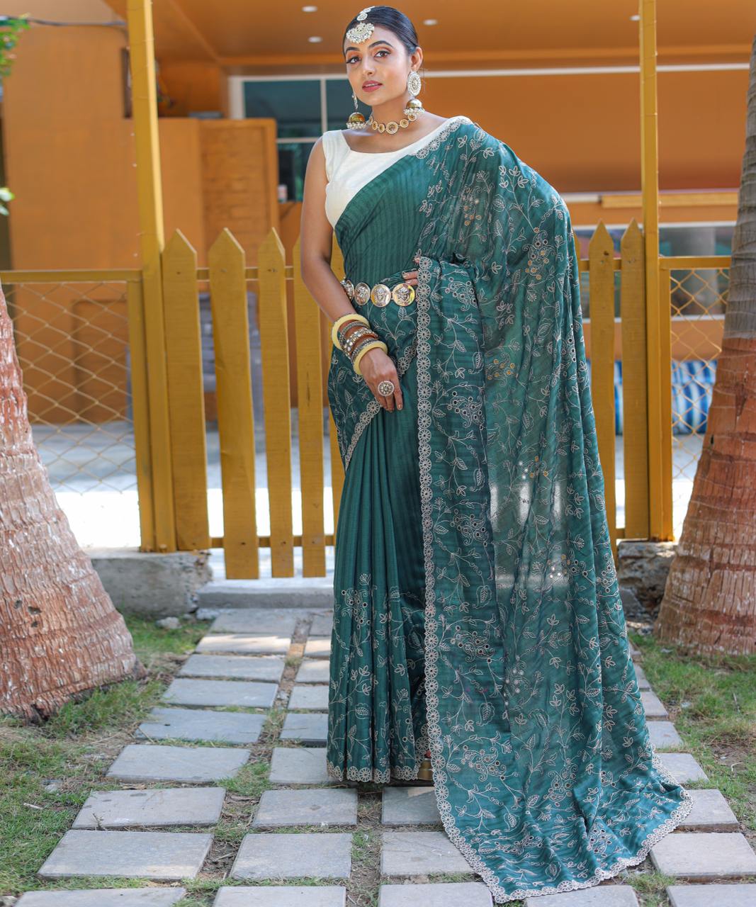 Women's Royal Prussian Blue Georgette Saree with Intricate Silver Thread & Mirror Work Embroidery – Perfect for Festive & Wedding Celebrations - Image 21